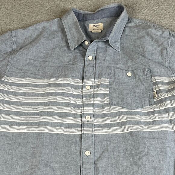 Vans Off The Wall Mens XL Blue White Striped Button Up Short Sleeve Surf Skate - Picture 2 of 10